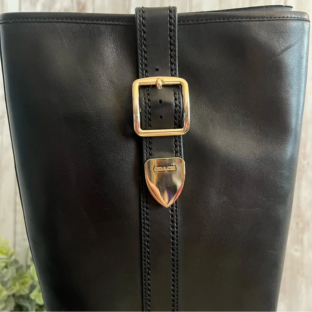 Coach Easton Tall Equestrian Black Leather Boots Gold Buckle Sophisticated 9 - Picture 4 of 10
